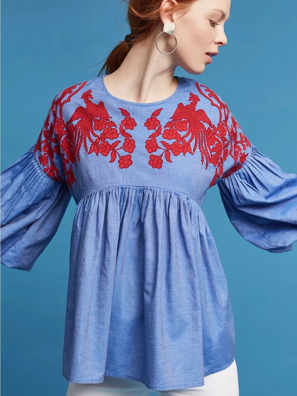 HEMANT & NANDITA Blue Tunic Top with Red Embroidered Motif